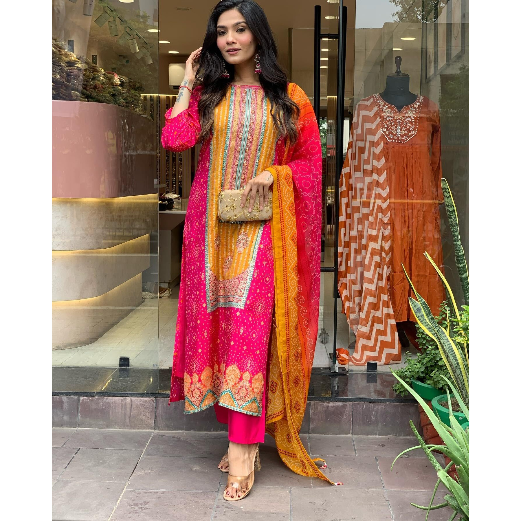 ANNI DESIGNER Women's Rayon Blend Printed Straight Kurta with Pant & Dupatta (Shubhangi Rani_XXL_Pink_XX-Large)