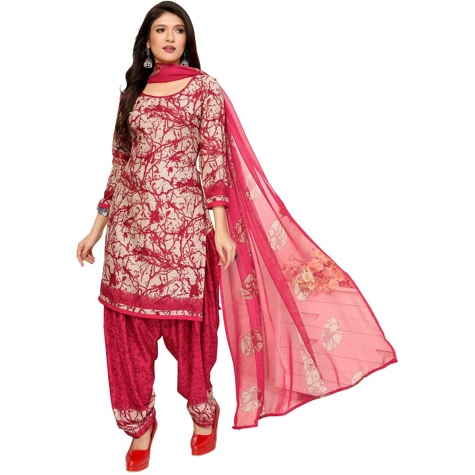 Yashika Women's Printed Dress Material - Unstitched Crepe Fabric Kurti, Pants & Dupatta Set (AZ-YS-P1-ADDA RED)