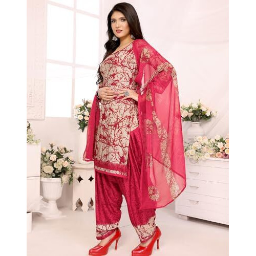 Yashika Women's Printed Dress Material - Unstitched Crepe Fabric Kurti, Pants & Dupatta Set (AZ-YS-P1-ADDA RED)