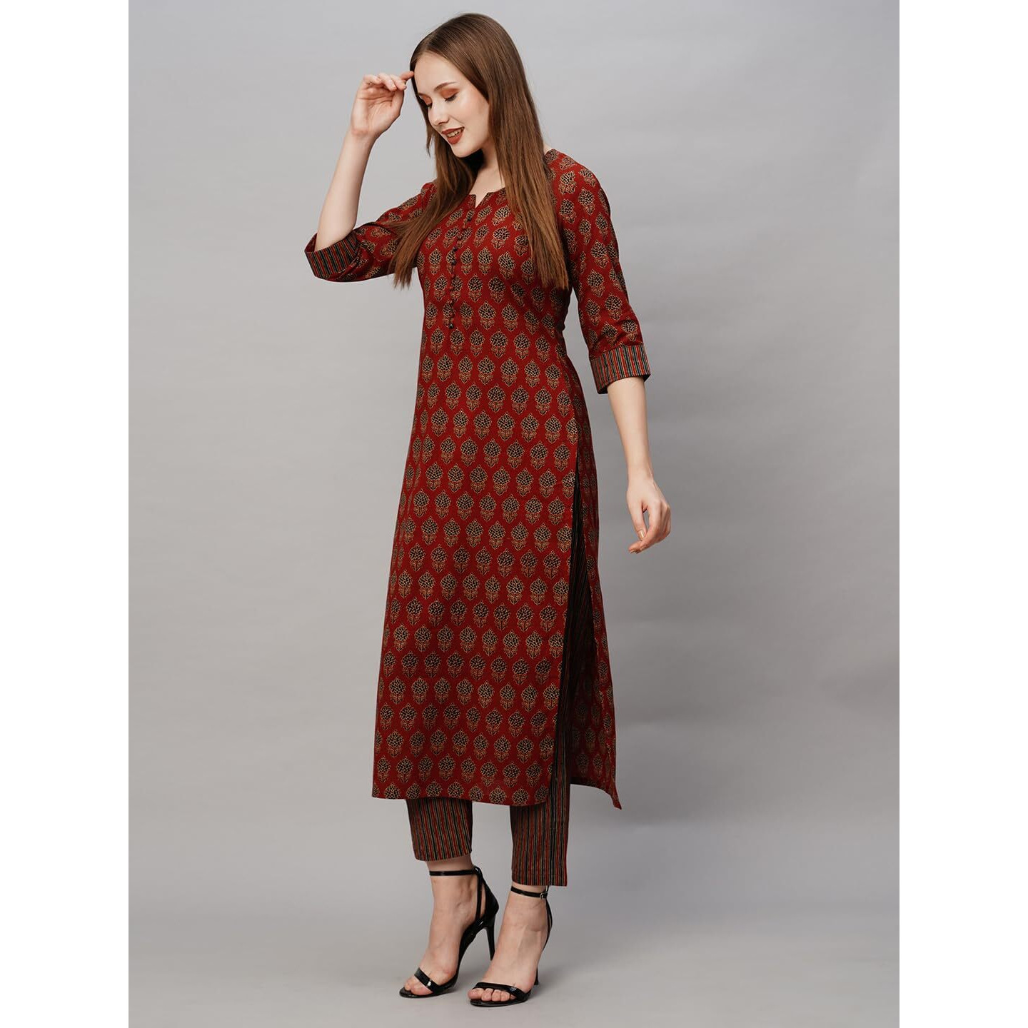 ANNI DESIGNER Women's Cotton Blend Printed Straight Kurta with Pant (Nita Maroon_5XL_Maroon_XXXXX-Large)