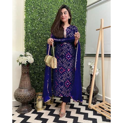 ANNI DESIGNER Women's Rayon Blend Straight Printed Kurta with Pant & Dupatta (TURAE Royal Blue_L_Blue_Large)