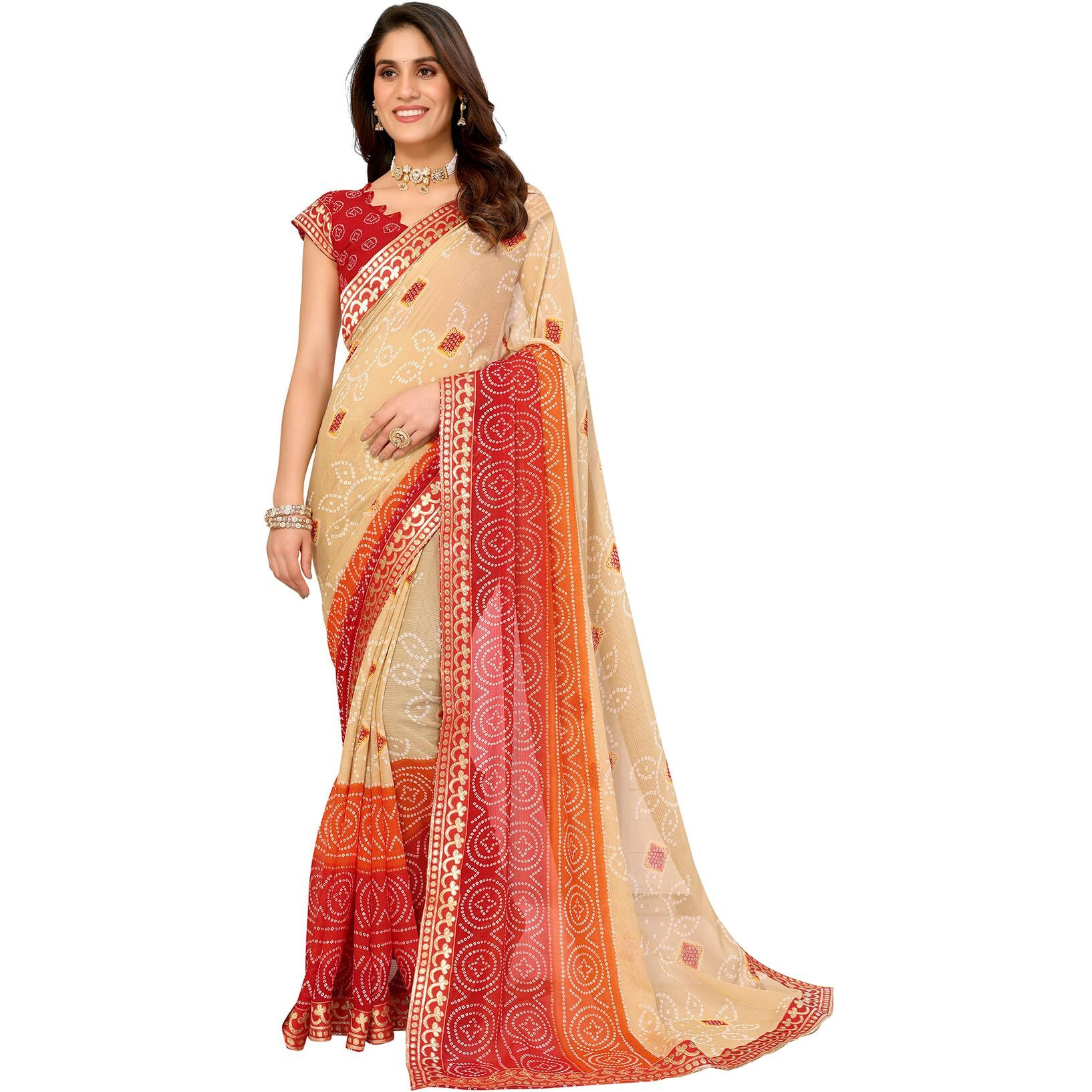Yashika Women's Woven Latest Georgette Saree with Lace and Blouse Material (AZ-YS-P1-AACHAL-KORAM-Parent_Chiku Red)