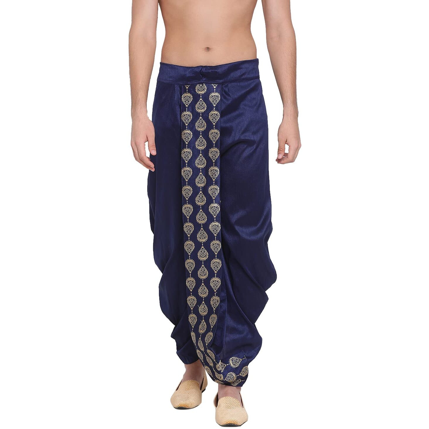 VASTRAMAY Men's Navy Blue Silk Blend Ethnic Dhoti(Gold_Free Size_VASMDT005NB)