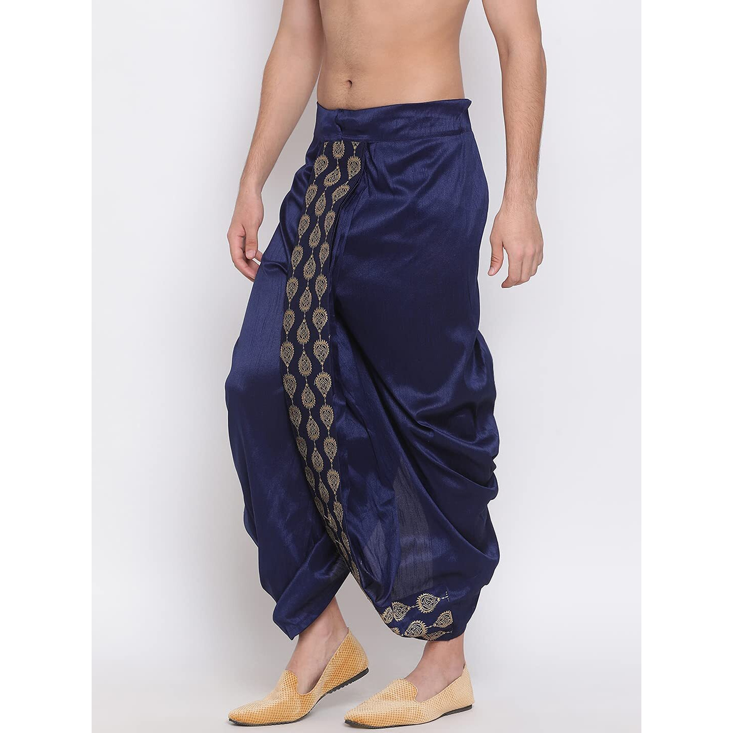 VASTRAMAY Men's Navy Blue Silk Blend Ethnic Dhoti(Gold_Free Size_VASMDT005NB)