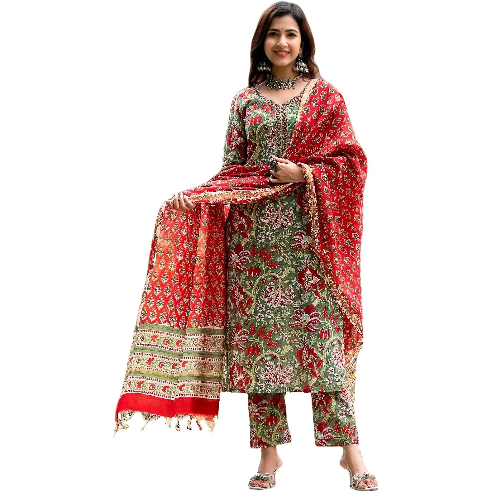 KLOSIA Women Printed Straight Kurta and Pant set with Dupatta (Large)
