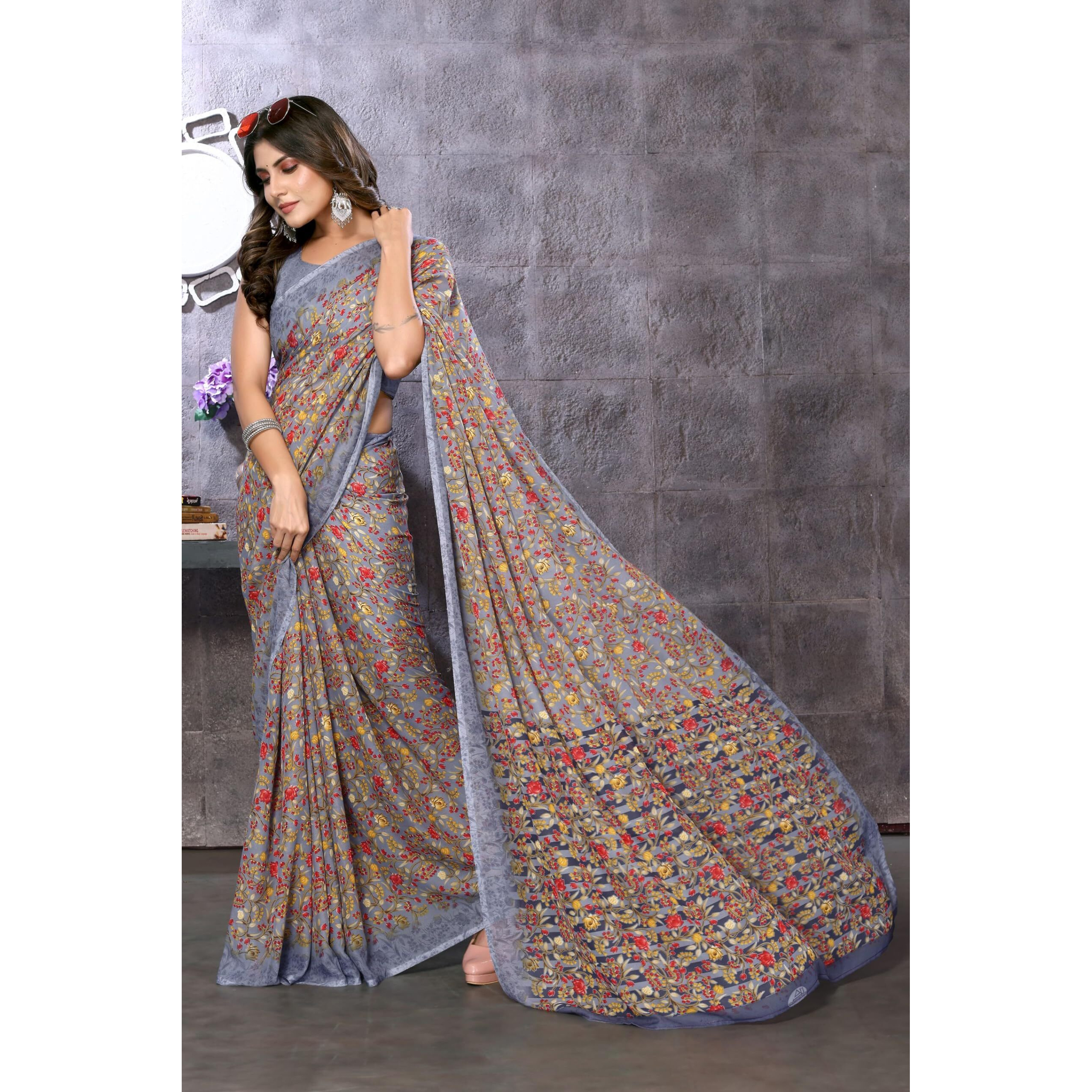 Yashika Women's Trendy Georgette Grey Color Saree with Blouse Material(HARIKA GREY)