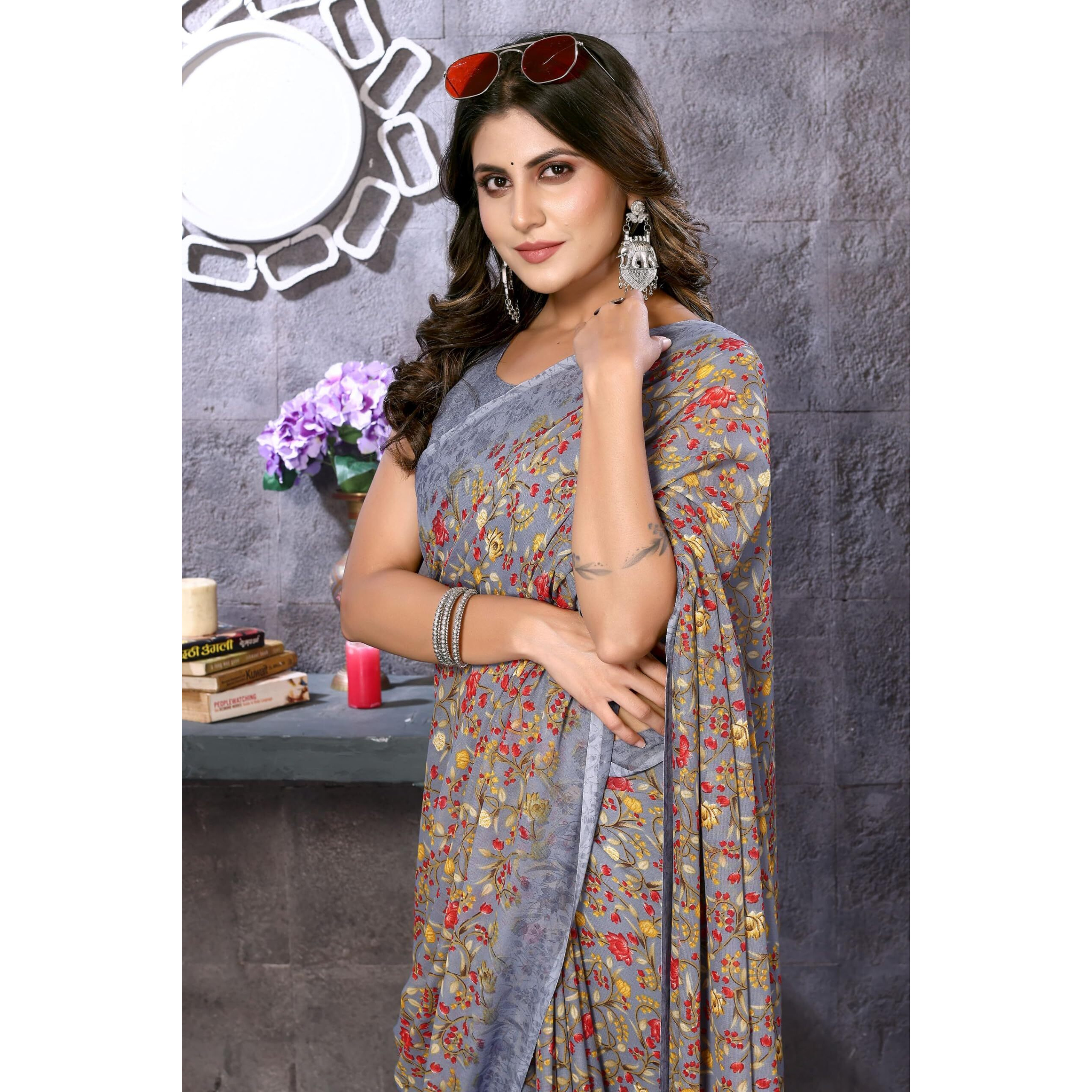 Yashika Women's Trendy Georgette Grey Color Saree with Blouse Material(HARIKA GREY)