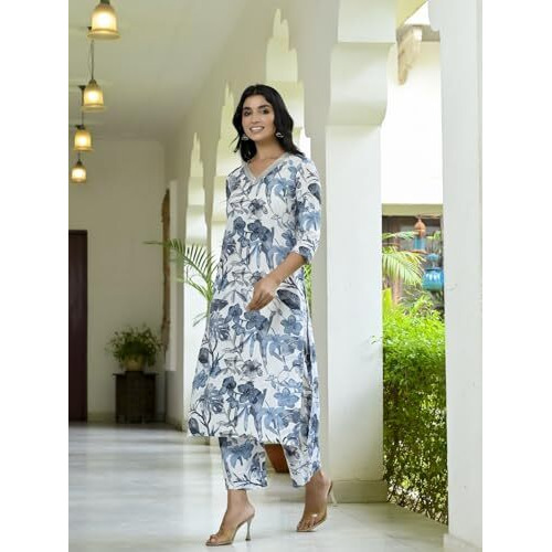 ANNI DESIGNER Women's Cotton Blend Straight Printed Kurta with Palazzo (Chinki White_M_White_Medium)