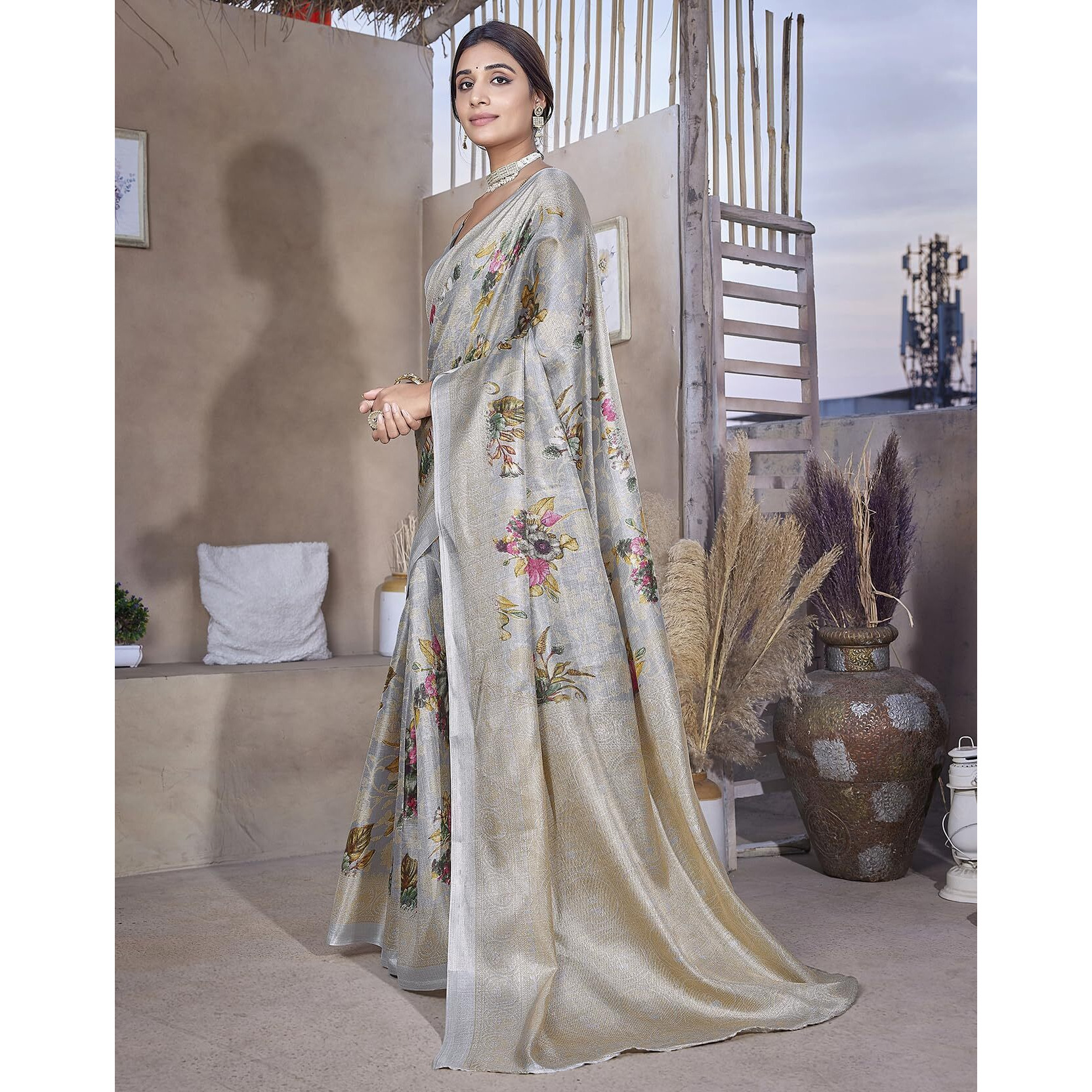 Yashika Women's Elegant Printed Art Silk Saree Set with Blouse - Elevate Your Style with Trendy Ethnic Fashion (AZ-YS-P1-PUDINA GREY)