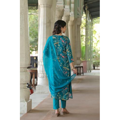 ANNI DESIGNER Women's Cotton Blend Straight Printed Kurta with Pant & Dupatta (GETO RAMA_XL_Light Blue_X-Large)