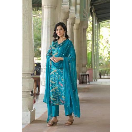ANNI DESIGNER Women's Cotton Blend Straight Printed Kurta with Pant & Dupatta (GETO RAMA_XL_Light Blue_X-Large)