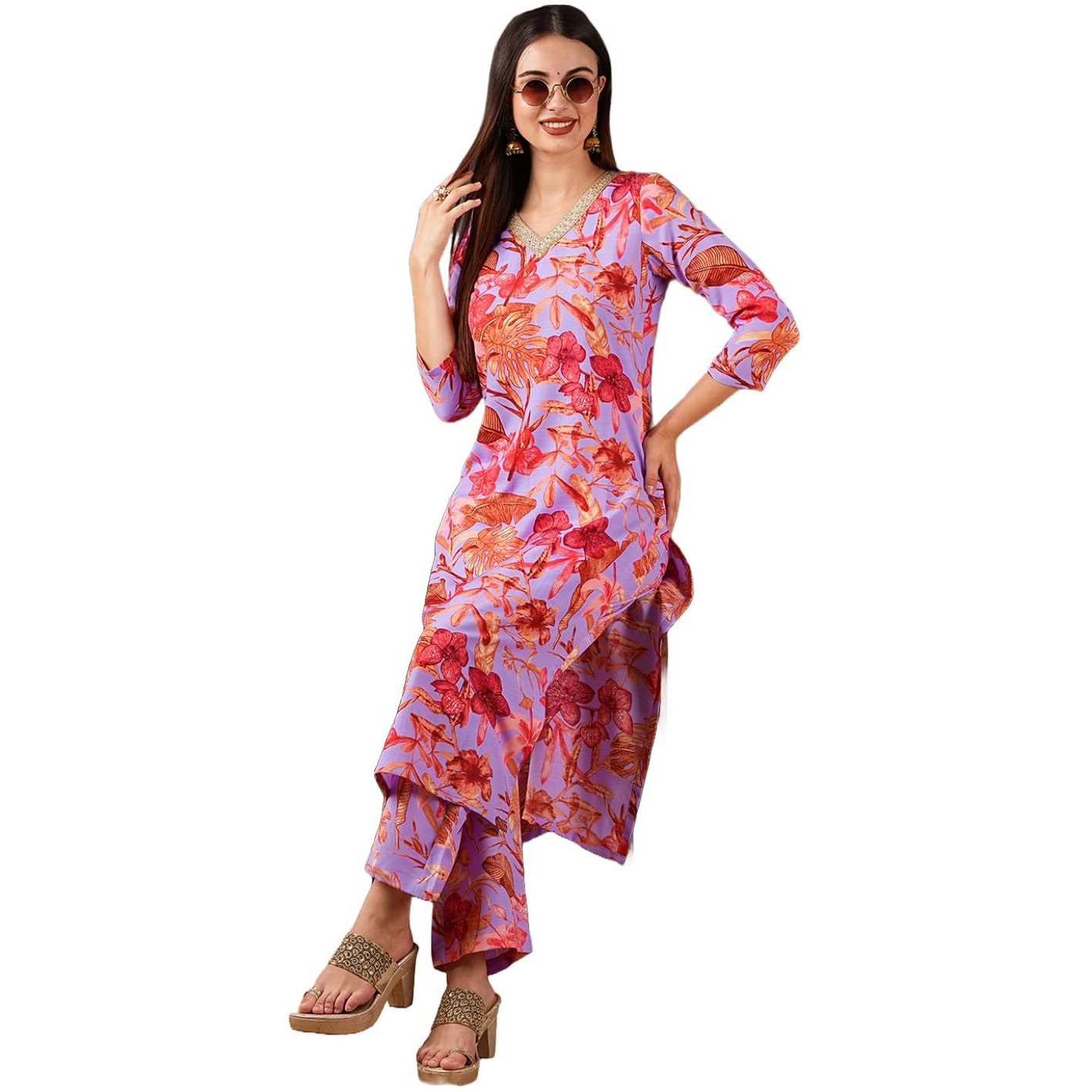 ANNI DESIGNER Women's Cotton Blend Straight Printed Kurta with Palazzo (Chinki Purple_XXL_Purple_XX-Large)