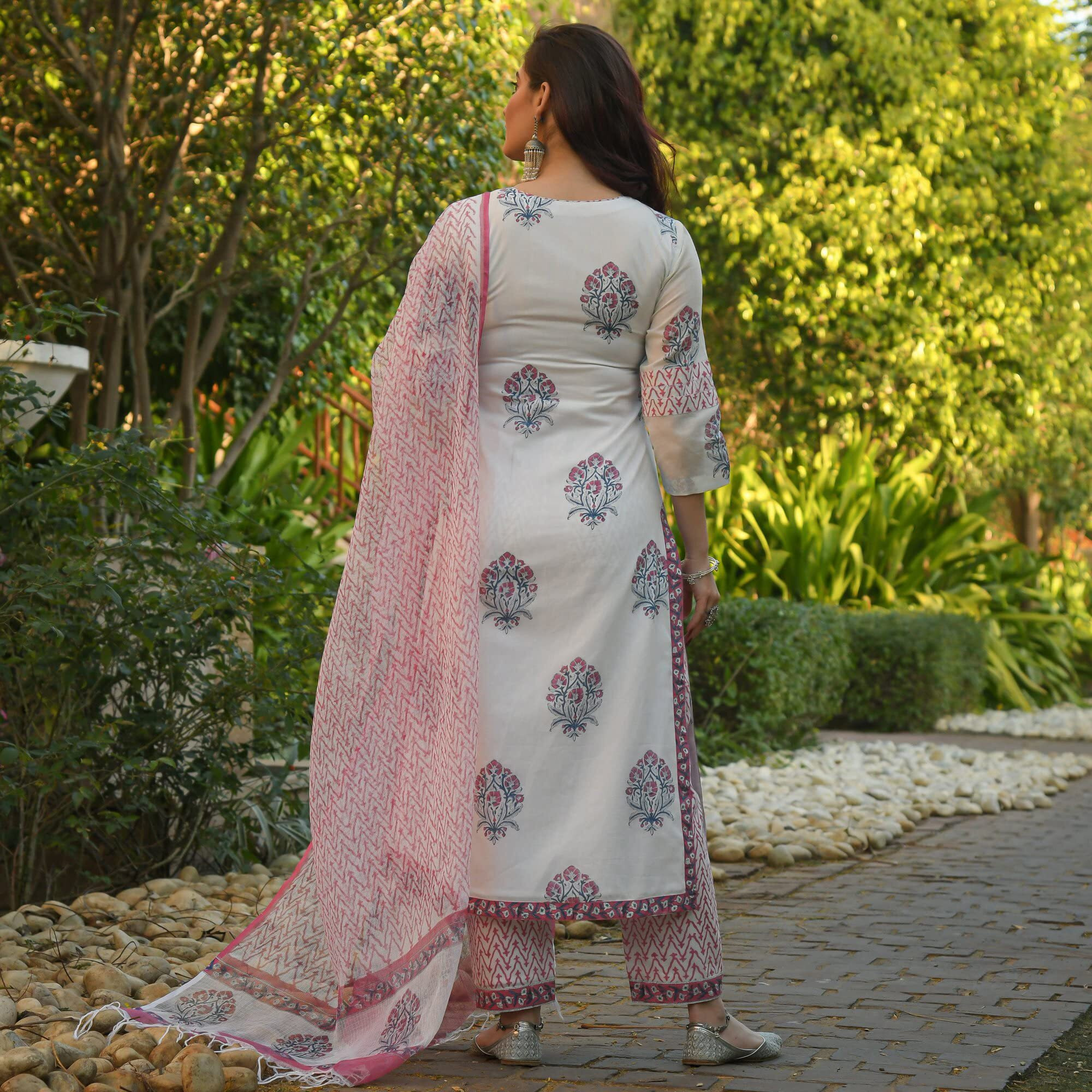 KLOSIA Women Block Printed Kurta Set with Dupatta (Large) White