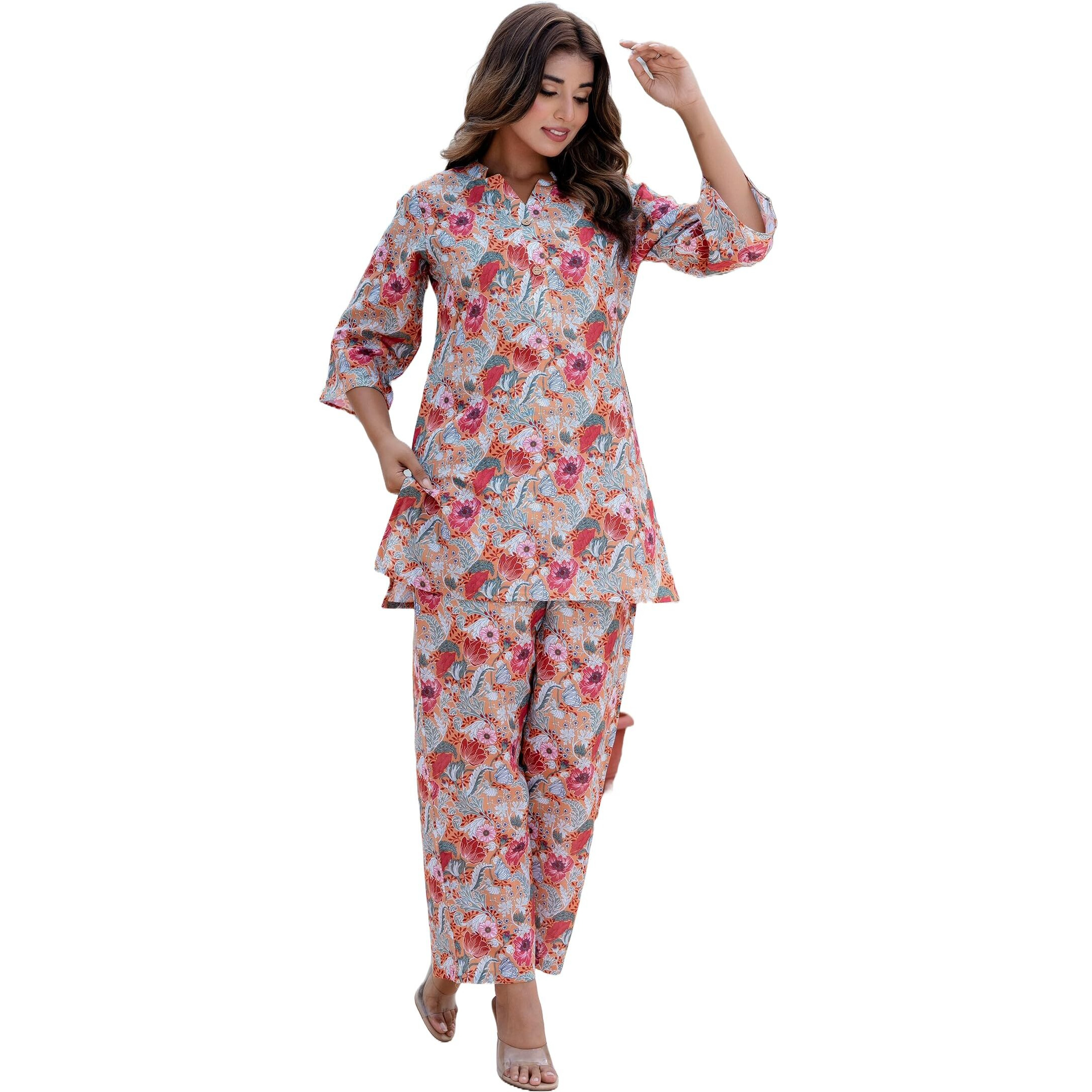 Yashika Women's Floral Regular Trendy Printed Cotton Blend Straight Orange Color Kurta and Palazzo Set (YS-KS2075-P