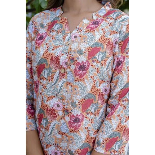 Yashika Women's Floral Regular Trendy Printed Cotton Blend Straight Orange Color Kurta and Palazzo Set (YS-KS2075-P