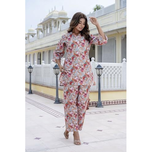 Yashika Women's Floral Regular Trendy Printed Cotton Blend Straight Orange Color Kurta and Palazzo Set (YS-KS2075-P