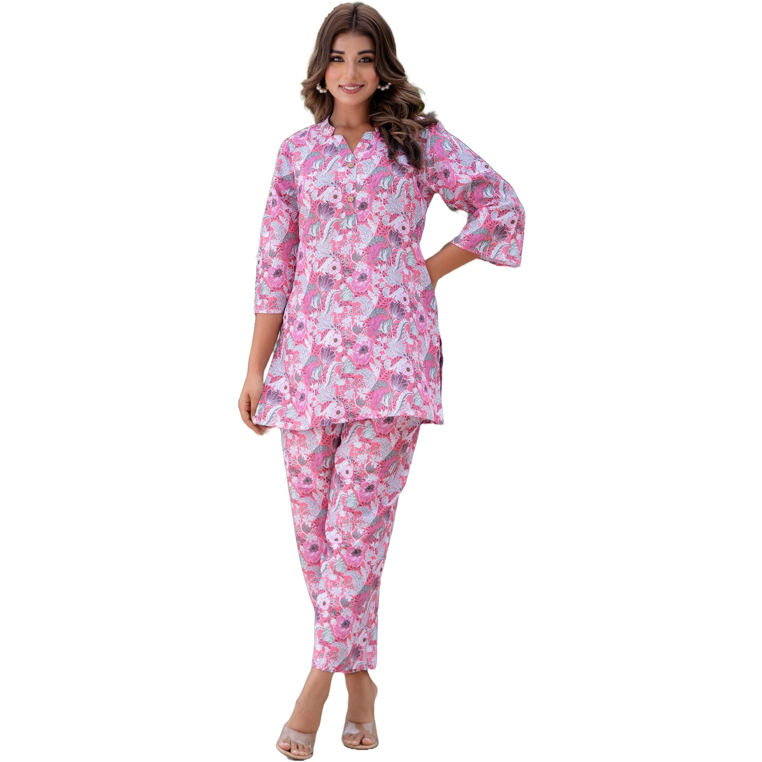 Yashika Women's Floral Regular Trendy Printed Cotton Blend Straight Pink Color Kurta and Palazzo Set (YS-KS2075-P