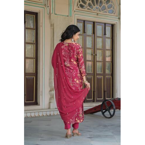 ANNI DESIGNER Women's Cotton Blend Straight Printed Kurta with Pant & Dupatta (SHOKO RED_L_Red_Large)