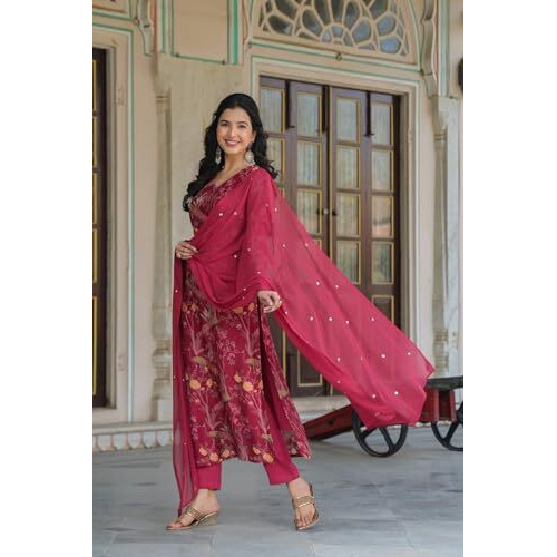 ANNI DESIGNER Women's Cotton Blend Straight Printed Kurta with Pant & Dupatta (SHOKO RED_L_Red_Large)