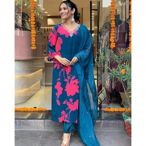 ANNI DESIGNER Women's Cotton Blend Straight Printed Kurta with Pant & Dupatta (PROTIN-CEROSIN_XL_Blue_X-Large)