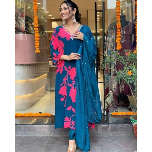 ANNI DESIGNER Women's Cotton Blend Straight Printed Kurta with Pant & Dupatta (PROTIN-CEROSIN_XL_Blue_X-Large)