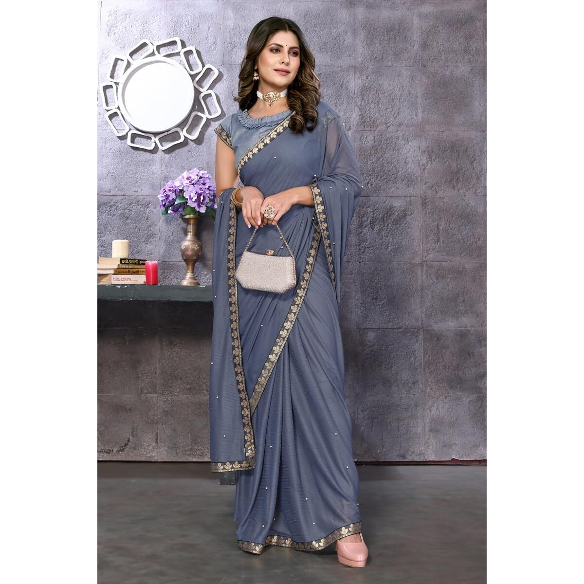 Yashika Women's Trendy Lycra Blend Grey Color Saree with Blouse Material(AARIYA GREY)