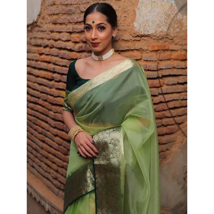 Yashika Women's Plain Organza Saree with Floral Woven Border and Unstitched Blouse Material (AZ-YS-OG1-ORGANZA MAHENDI