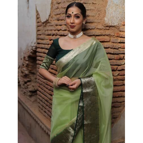 Yashika Women's Plain Organza Saree with Floral Woven Border and Unstitched Blouse Material (AZ-YS-OG1-ORGANZA MAHENDI