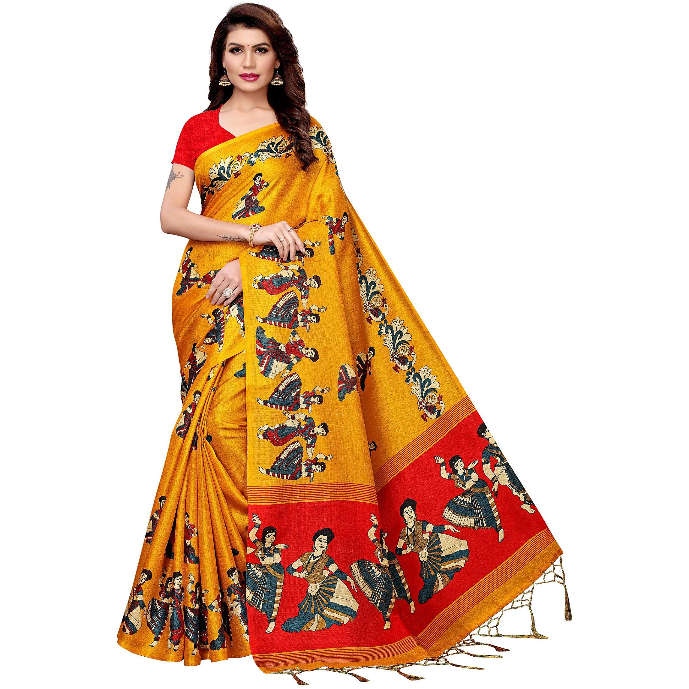Yashika Women's Polyester Art Silk Kalamkari Art Silk and Bhagalpuri Saree with Blouse Piece (Multicolour)