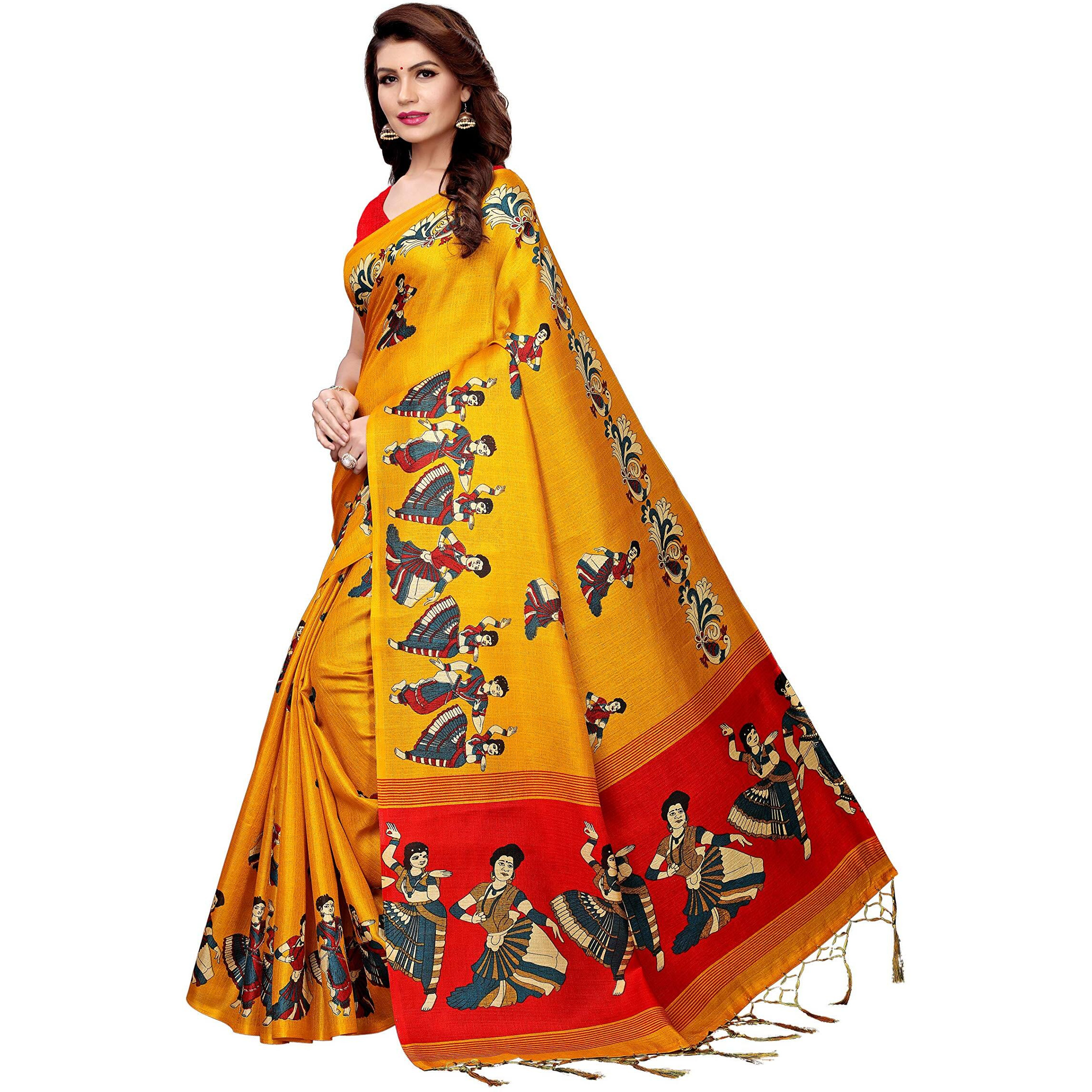 Yashika Women's Polyester Art Silk Kalamkari Art Silk and Bhagalpuri Saree with Blouse Piece (Multicolour)
