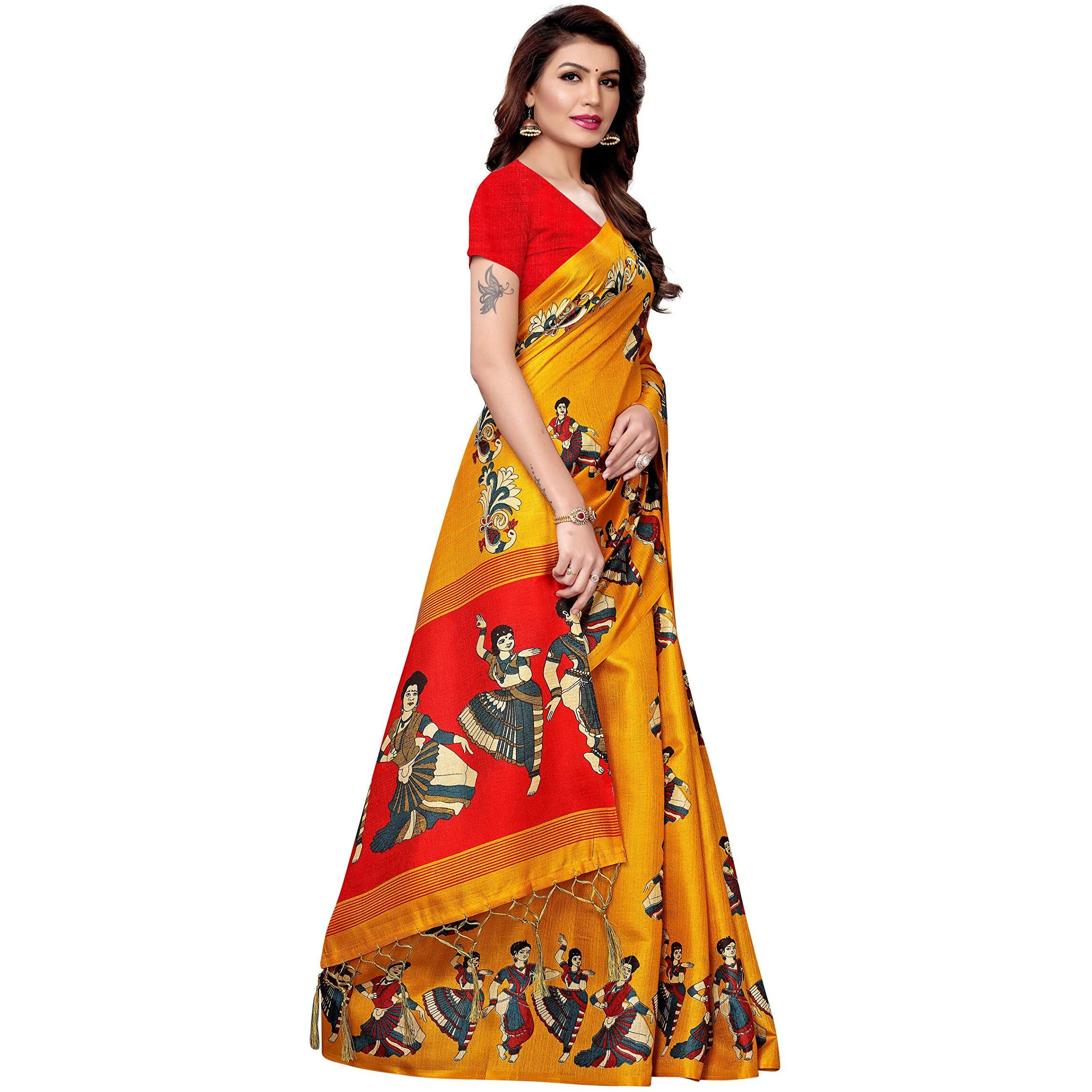 Yashika Women's Polyester Art Silk Kalamkari Art Silk and Bhagalpuri Saree with Blouse Piece (Multicolour)
