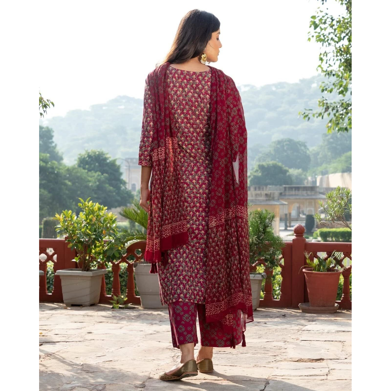 ANNI DESIGNER Women's Cotton Blend Straight Printed Kurta with Pant & Dupatta (BC Maroon_5XL_Maroon_XXXXX-Large)