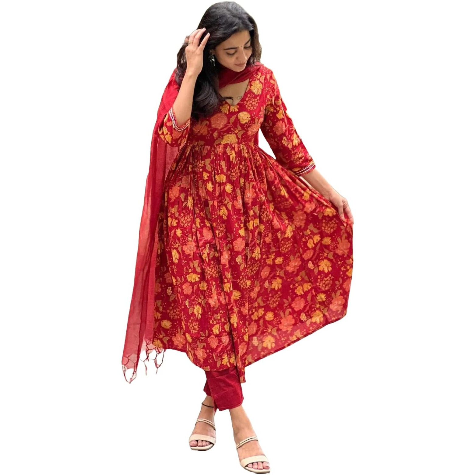 ANNI DESIGNER Women's Rayon Blend Anarkali Printed Kurta with Pant & Dupatta (RONI RED_L_Red_Large)