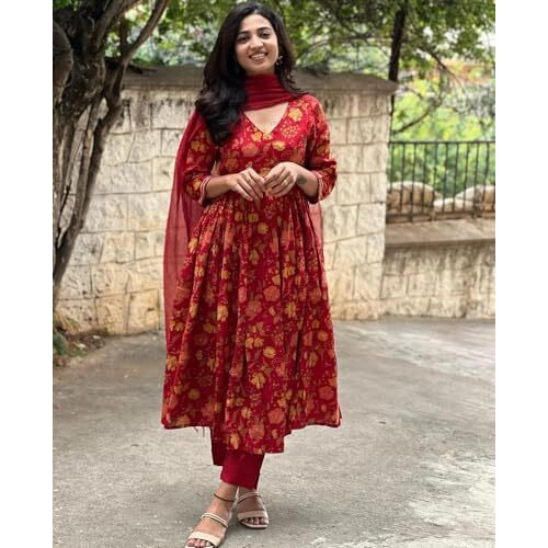 ANNI DESIGNER Women's Rayon Blend Anarkali Printed Kurta with Pant & Dupatta (RONI RED_L_Red_Large)
