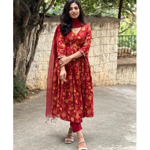ANNI DESIGNER Women's Rayon Blend Anarkali Printed Kurta with Pant & Dupatta (RONI RED_L_Red_Large)