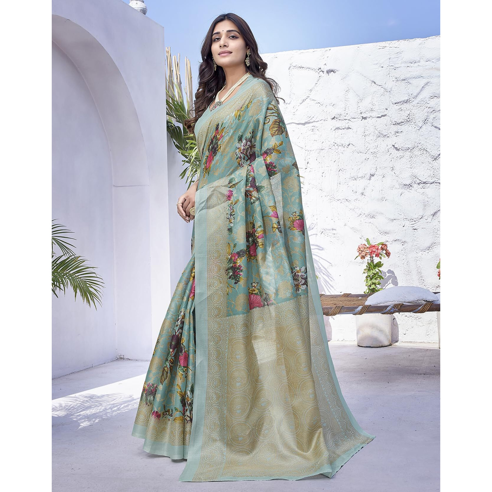 Yashika Women's Elegant Printed Art Silk Saree Set with Blouse - Elevate Your Style with Trendy Ethnic Fashion (AZ-YS-P1-PUDINA BLUE)