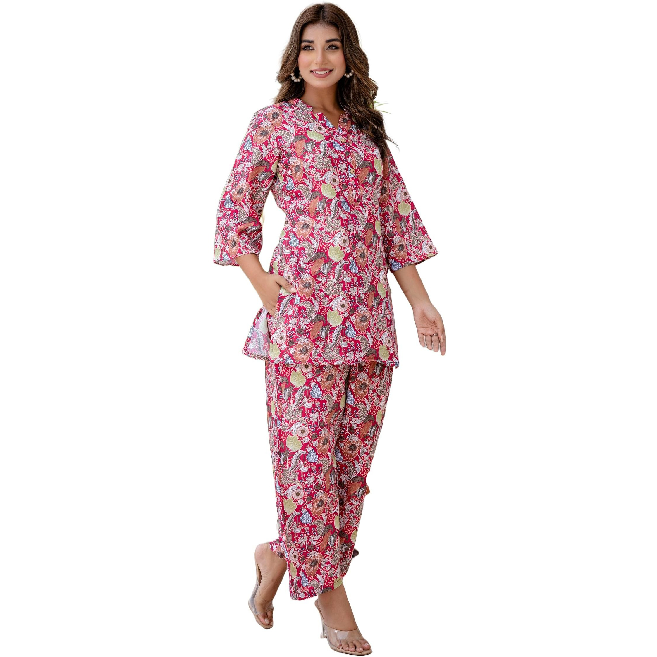 Yashika Women's Floral Regular Trendy Printed Cotton Blend Straight Red Color Kurta and Palazzo Set (YS-KS2075-P