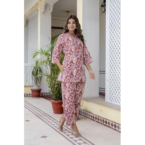 Yashika Women's Floral Regular Trendy Printed Cotton Blend Straight Red Color Kurta and Palazzo Set (YS-KS2075-P