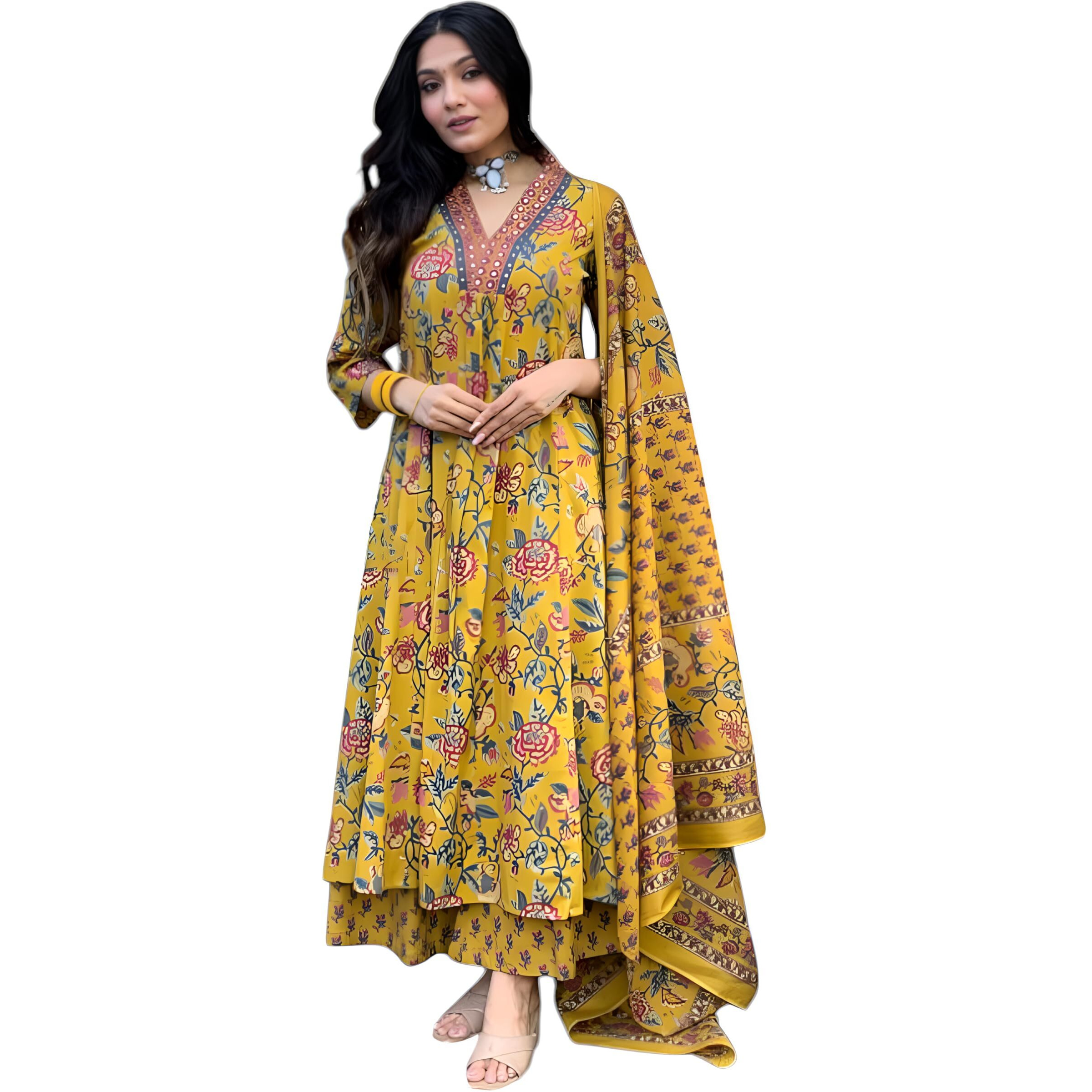 Yashika Women's Regular Cotton Blend Floral Printed Kurta Plazzo Set with Dupatta Suitable for Every Indian Occasion (AZ-YS-OG-KS2171-Parent_Yellow