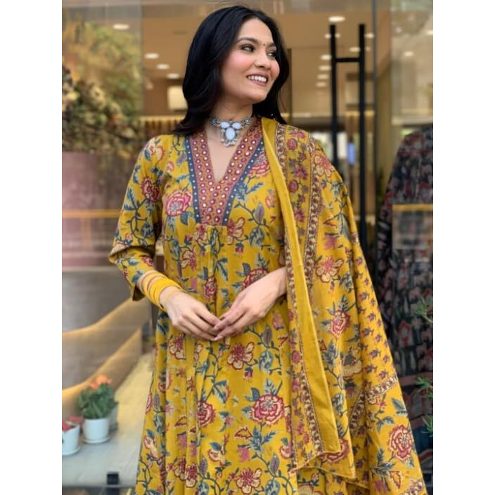 Yashika Women's Regular Cotton Blend Floral Printed Kurta Plazzo Set with Dupatta Suitable for Every Indian Occasion (AZ-YS-OG-KS2171-Parent_Yellow