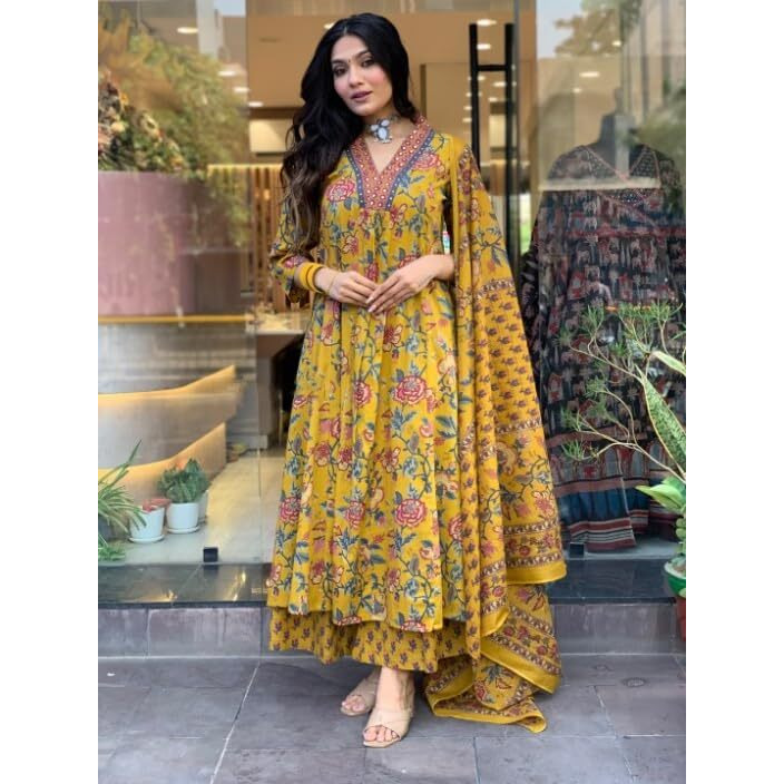 Yashika Women's Regular Cotton Blend Floral Printed Kurta Plazzo Set with Dupatta Suitable for Every Indian Occasion (AZ-YS-OG-KS2171-Parent_Yellow