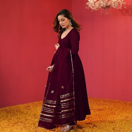 ANNI DESIGNER Women's Rayon Blend Anarkali Solid Kurta with Pant & Dupatta (JAYNTI Wine_XL_Wine_X-Large)