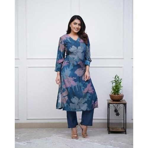 ANNI DESIGNER Women's Rayon Blend Straight Printed Kurta with Pant (KITIMAT Cerosin_S_Blue_Small)
