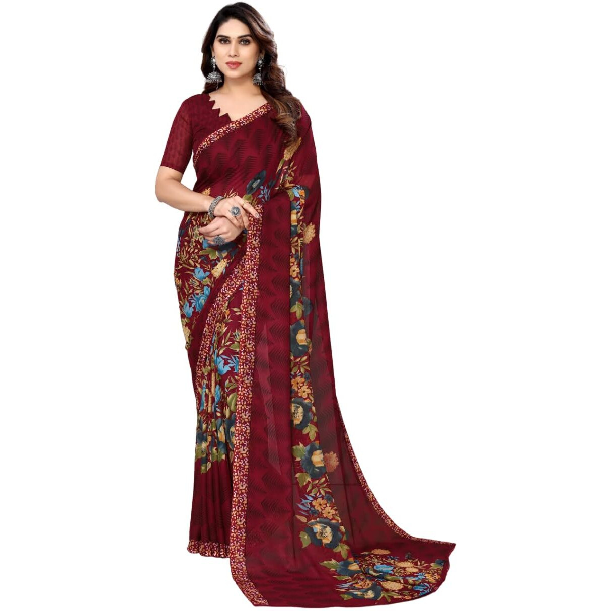 Yashika Women's Printed Trendy Georgette Maroon Color Saree With Blouse Material(POWER MAROON)