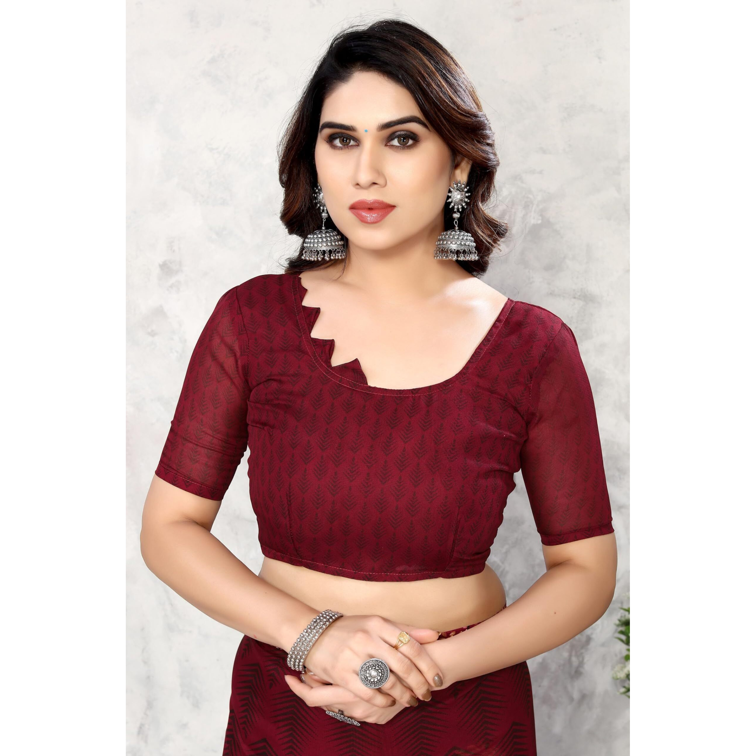 Yashika Women's Printed Trendy Georgette Maroon Color Saree With Blouse Material(POWER MAROON)