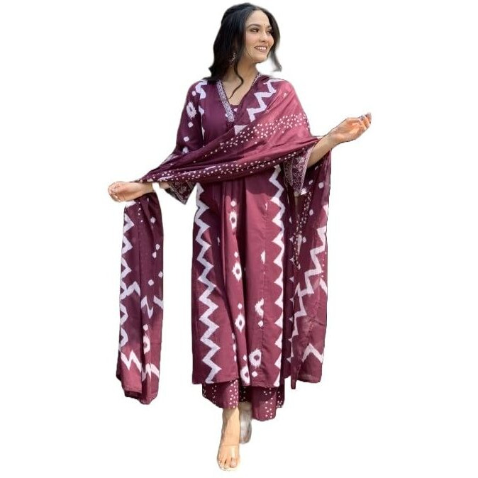 KLOSIA Viscose Women Printed A-Line Kurta Pant with Dupatta (in, Alpha, XL, Purple)