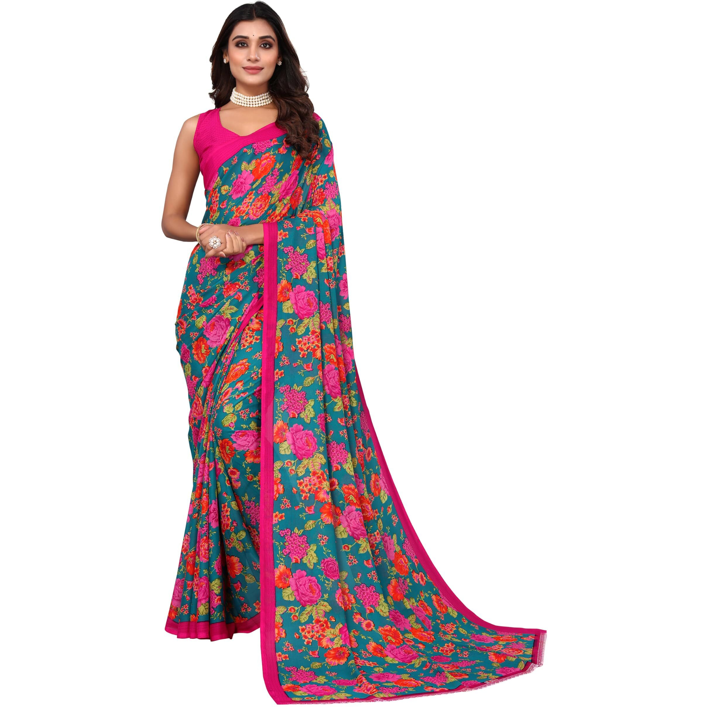 Yashika Women's Trendy Printed Georgette Green Color Saree with Blouse Material(DIGITAL GREEN)