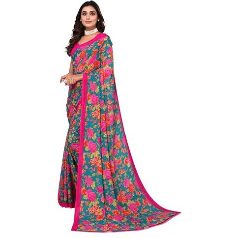 Yashika Women's Trendy Printed Georgette Green Color Saree with Blouse Material(DIGITAL GREEN)