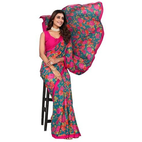 Yashika Women's Trendy Printed Georgette Green Color Saree with Blouse Material(DIGITAL GREEN)