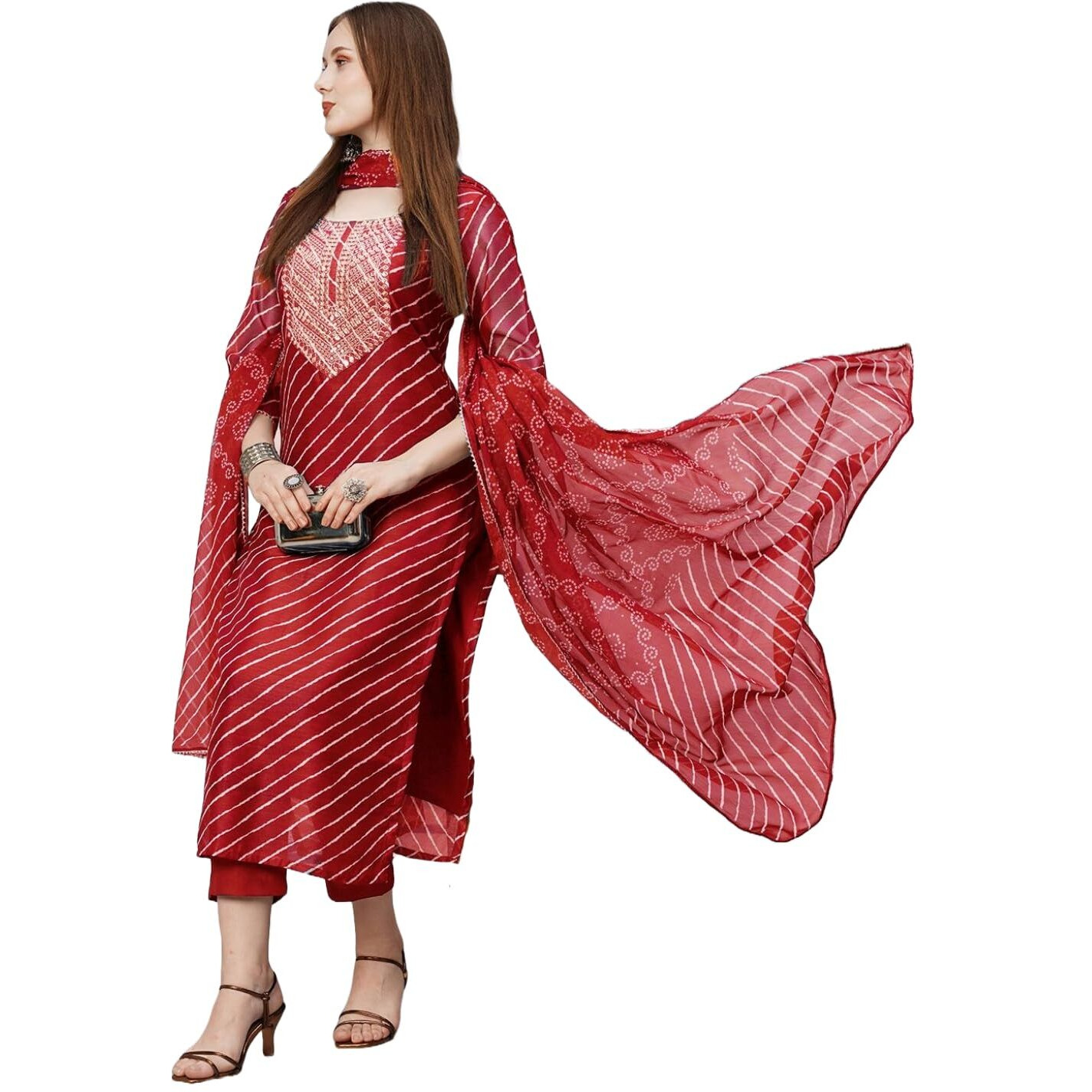 ANNI DESIGNER Women's Cotton Blend Straight Printed Kurta with Pant & Dupatta (DOREMI-RED-BHN_4XL_Red_XXXX-Large)